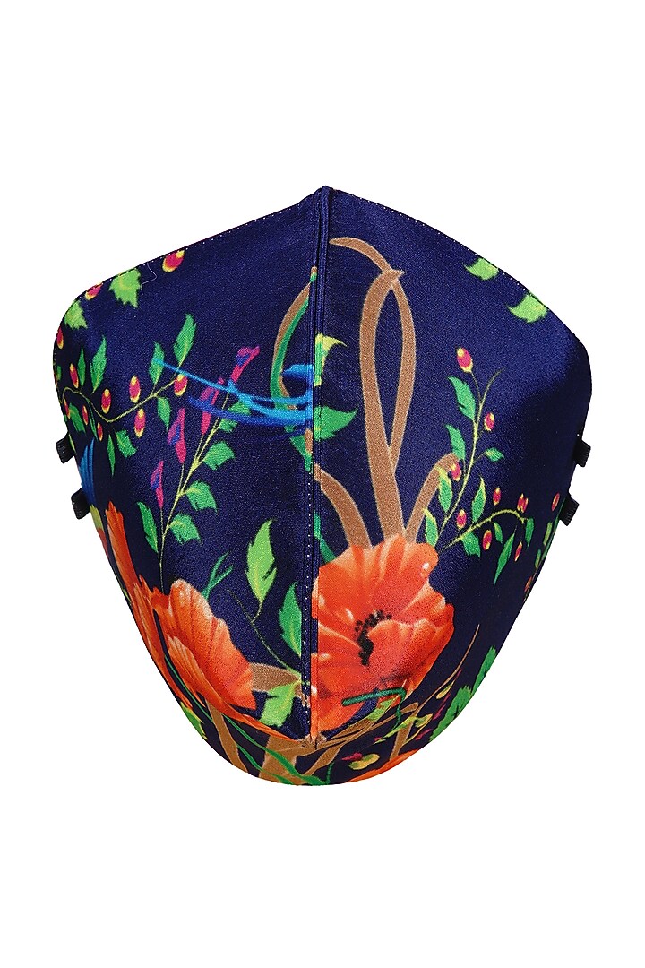 Navy Blue Printed Antimicrobial Mask With Zip Pouch by Limerick By Abirr N' Nanki at Pernia's Pop Up Shop