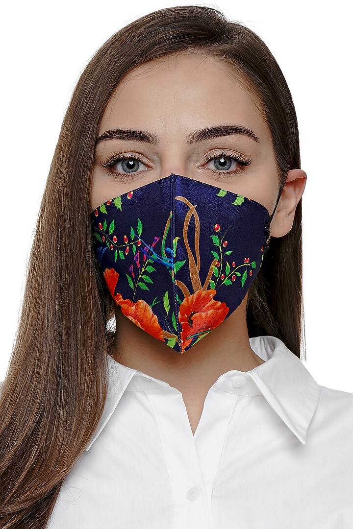 Navy Blue Printed Antimicrobial Mask With Zip Pouch by Limerick By Abirr N' Nanki at Pernia's Pop Up Shop
