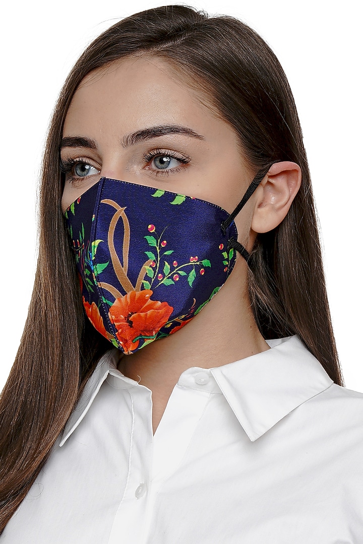 Navy Blue Printed Antimicrobial Mask With Zip Pouch by Limerick By Abirr N' Nanki at Pernia's Pop Up Shop