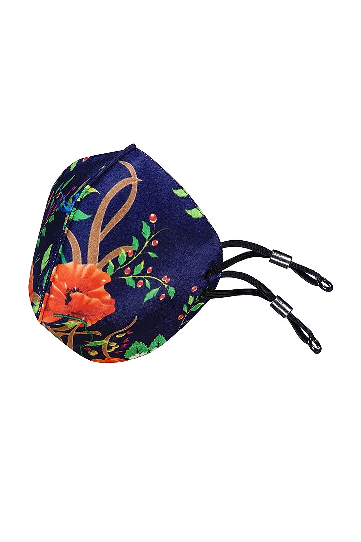 Navy Blue Printed Antimicrobial Mask With Zip Pouch by Limerick By Abirr N' Nanki at Pernia's Pop Up Shop