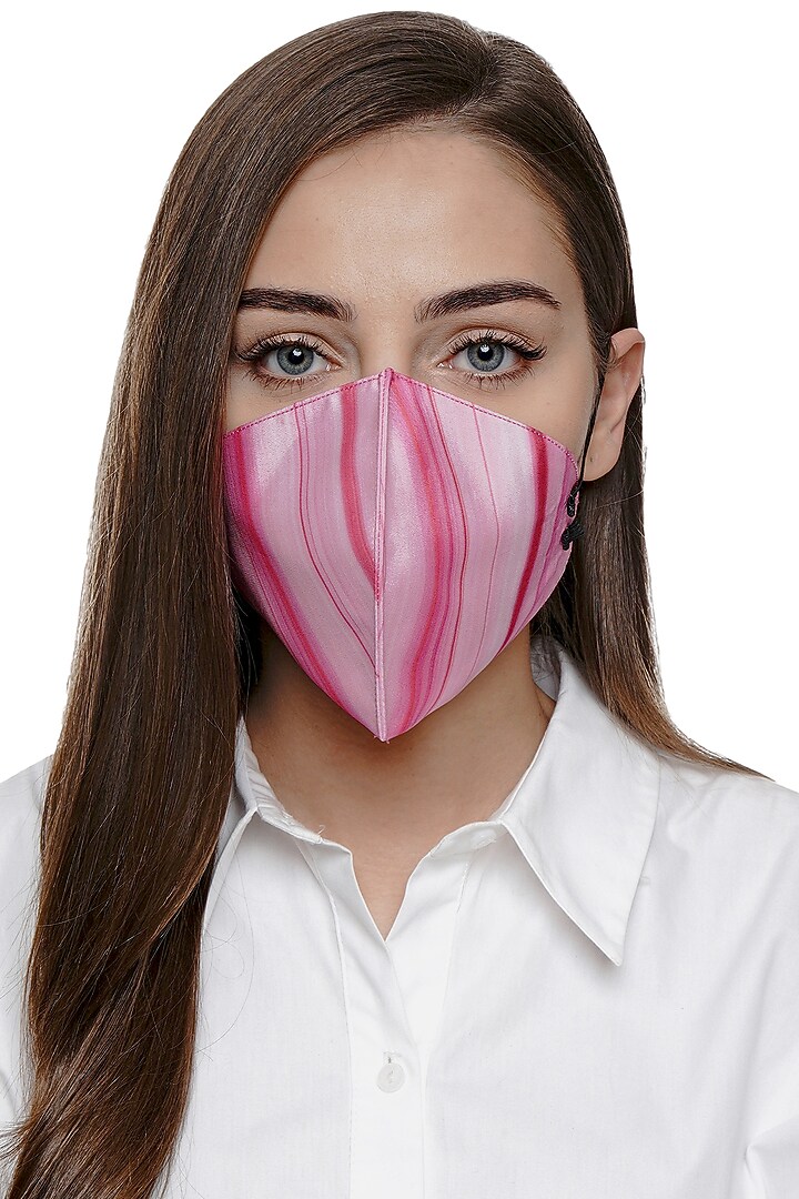 Pink Marble Printed Antimicrobial Mask With Zip Pouch by Limerick By Abirr N' Nanki at Pernia's Pop Up Shop