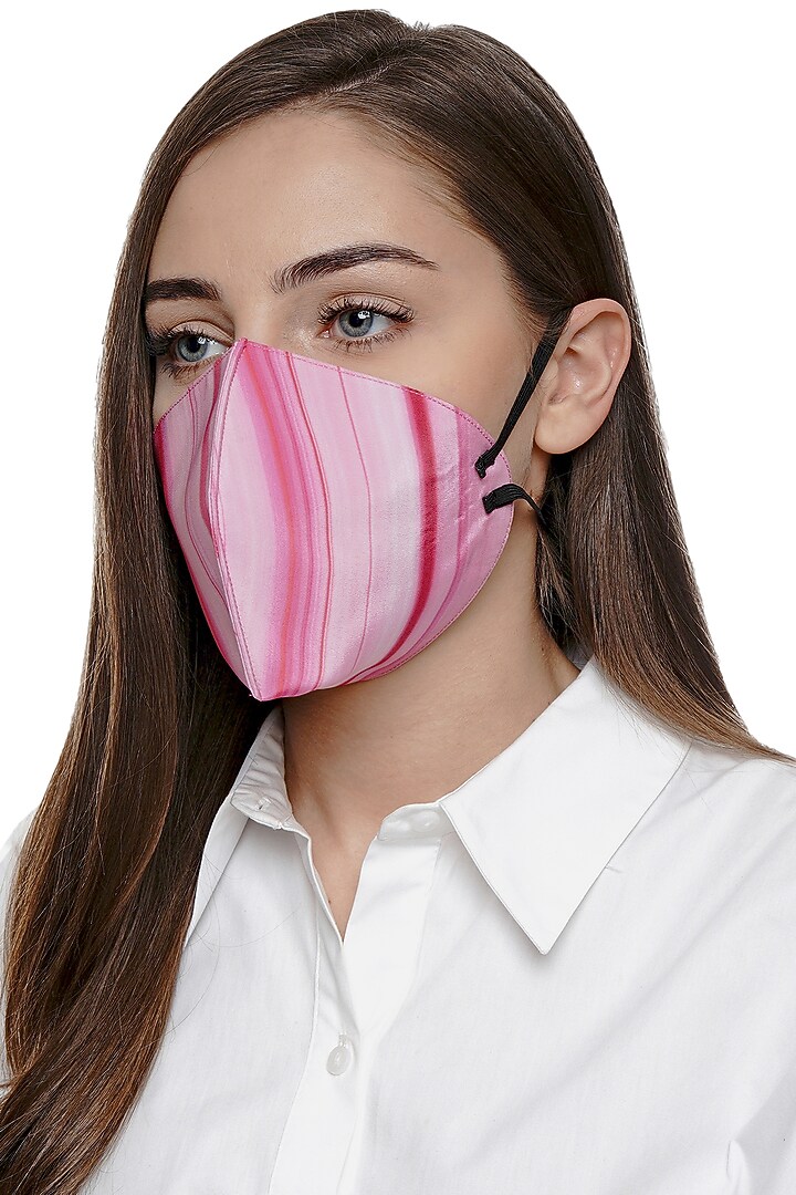 Pink Marble Printed Antimicrobial Mask With Zip Pouch by Limerick By Abirr N' Nanki at Pernia's Pop Up Shop