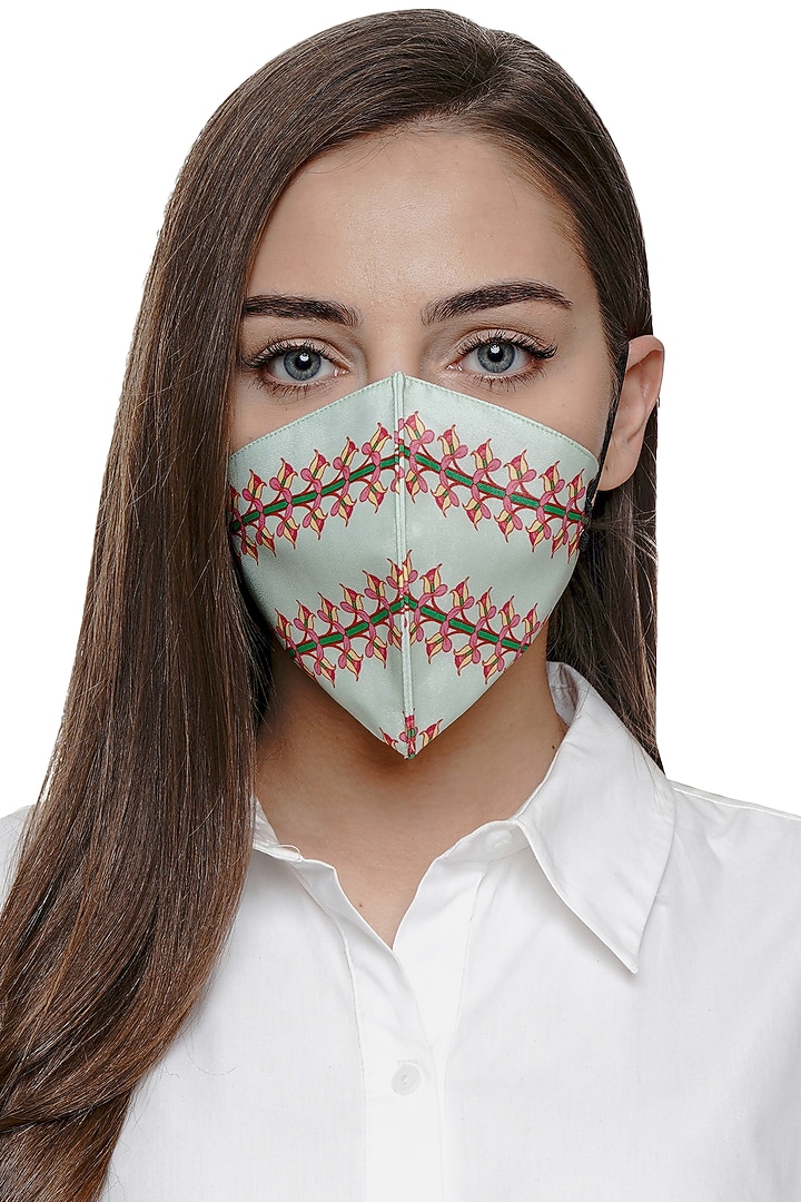 Pista Green Lilly Printed Antimicrobial Mask With Zip Pouch by Limerick By Abirr N' Nanki at Pernia's Pop Up Shop