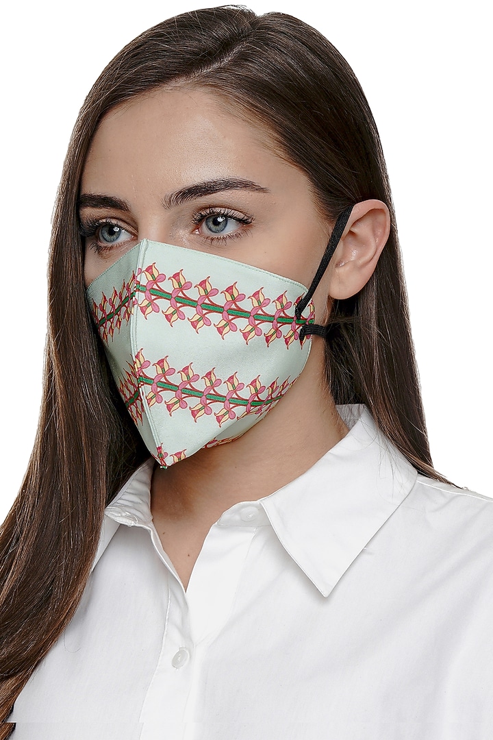 Pista Green Lilly Printed Antimicrobial Mask With Zip Pouch by Limerick By Abirr N' Nanki at Pernia's Pop Up Shop