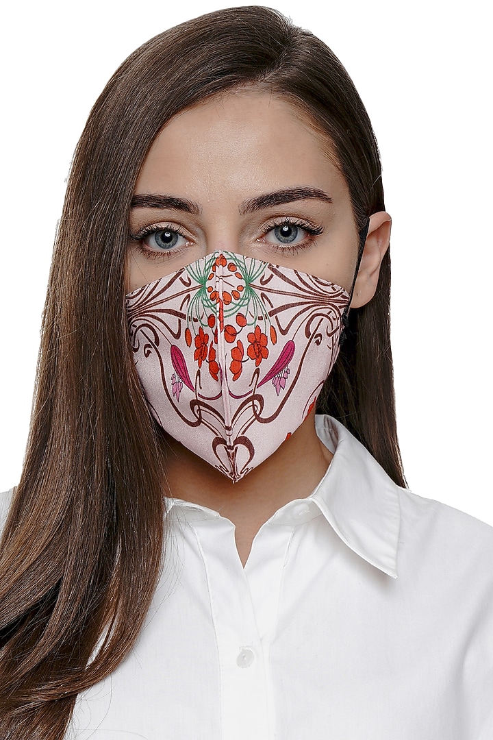 Pink Printed Antimicrobial Mask With Zip Pouch by Limerick By Abirr N' Nanki at Pernia's Pop Up Shop