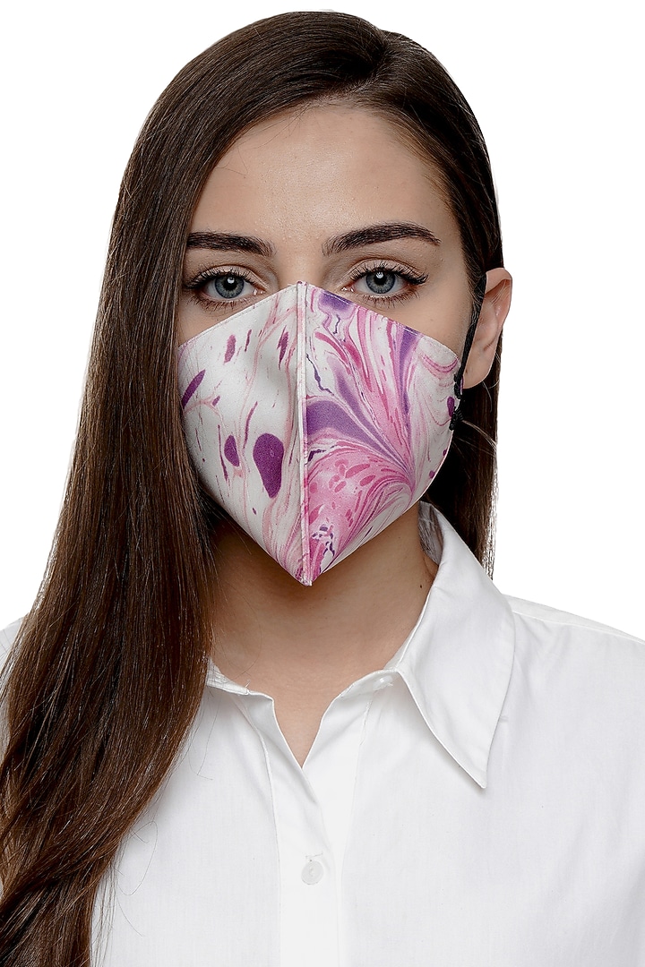 Ivory & Pink Printed Antimicrobial Mask With Zip Pouch by Limerick By Abirr N' Nanki at Pernia's Pop Up Shop