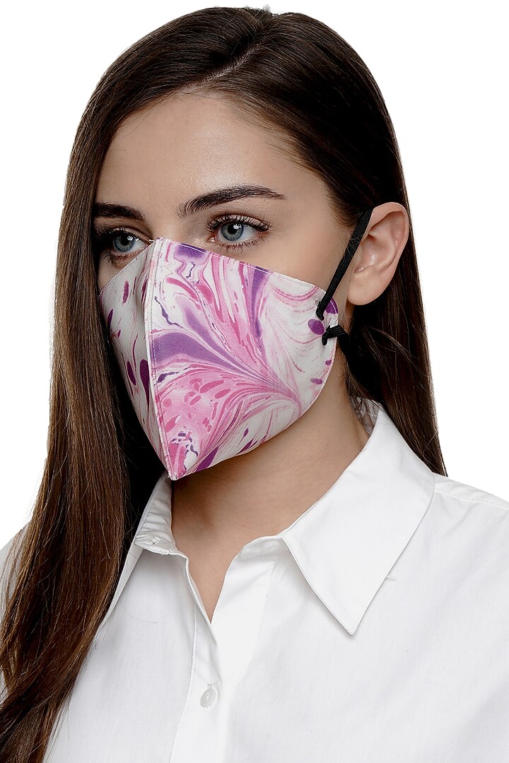 Ivory & Pink Printed Antimicrobial Mask With Zip Pouch by Limerick By Abirr N' Nanki at Pernia's Pop Up Shop