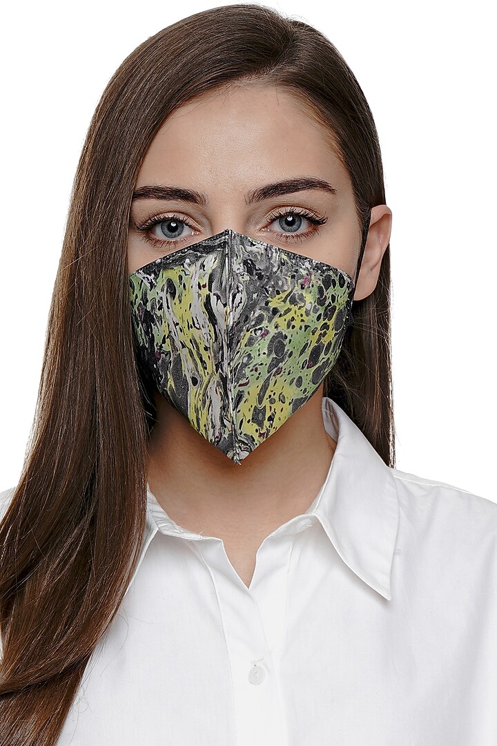 Green & Grey Printed Antimicrobial Mask With Zip Pouch by Limerick By Abirr N' Nanki at Pernia's Pop Up Shop