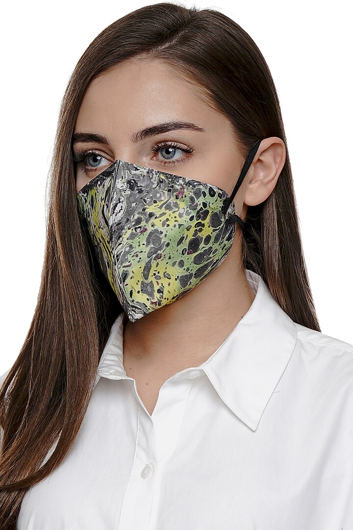 Green & Grey Printed Antimicrobial Mask With Zip Pouch by Limerick By Abirr N' Nanki at Pernia's Pop Up Shop