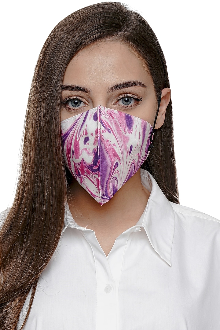 Pink & Ivory Printed Antimicrobial Mask With Zip Pouch by Limerick By Abirr N' Nanki at Pernia's Pop Up Shop