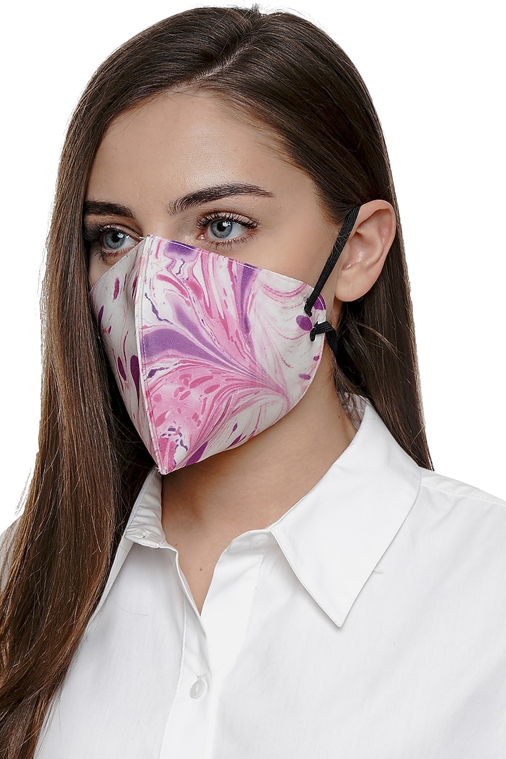 Pink & Ivory Printed Antimicrobial Mask With Zip Pouch by Limerick By Abirr N' Nanki at Pernia's Pop Up Shop