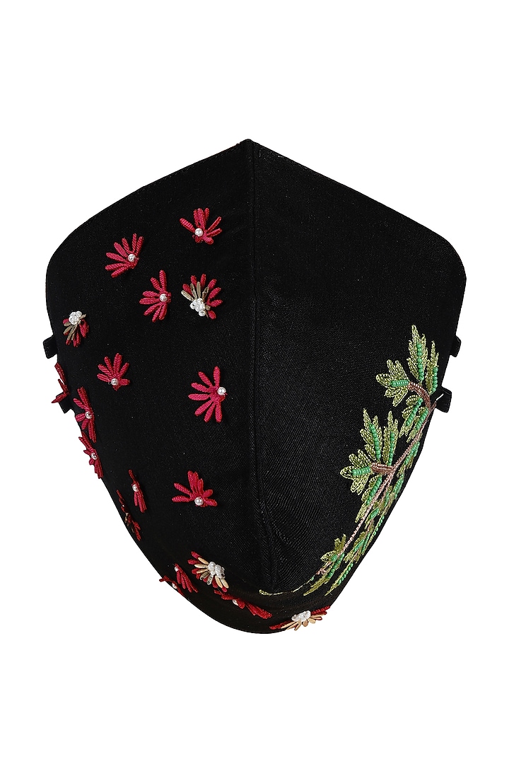 Black Embroidered Antimicrobial Mask With Zip Pouch by Limerick By Abirr N' Nanki