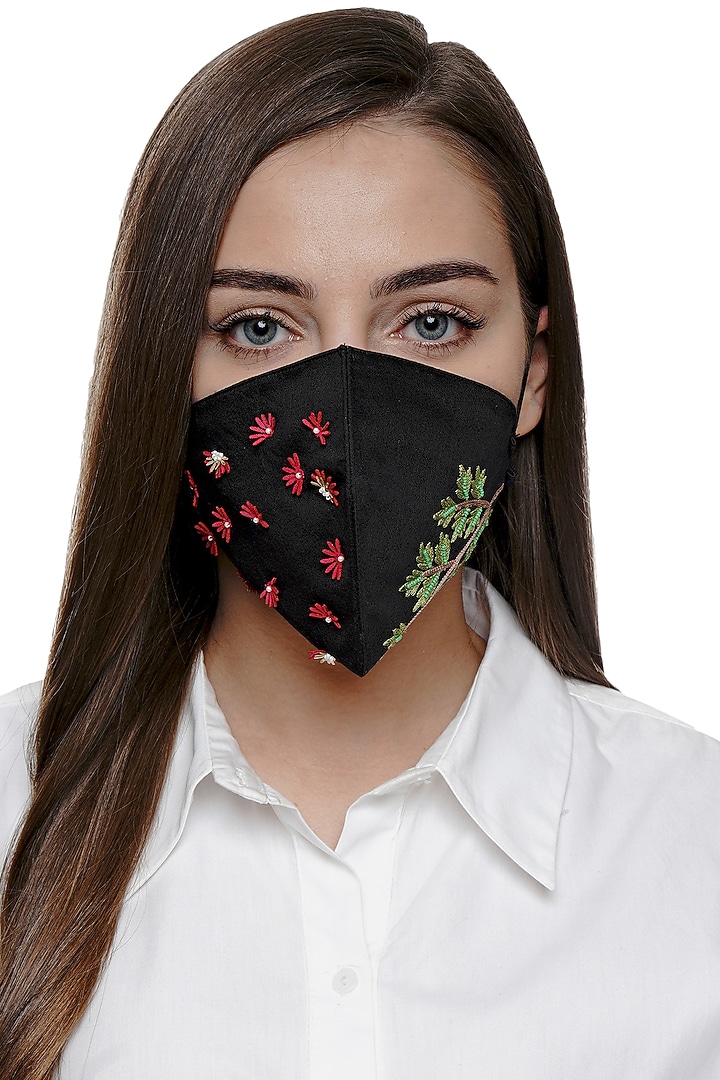 Black Embroidered Antimicrobial Mask With Zip Pouch by Limerick By Abirr N' Nanki at Pernia's Pop Up Shop