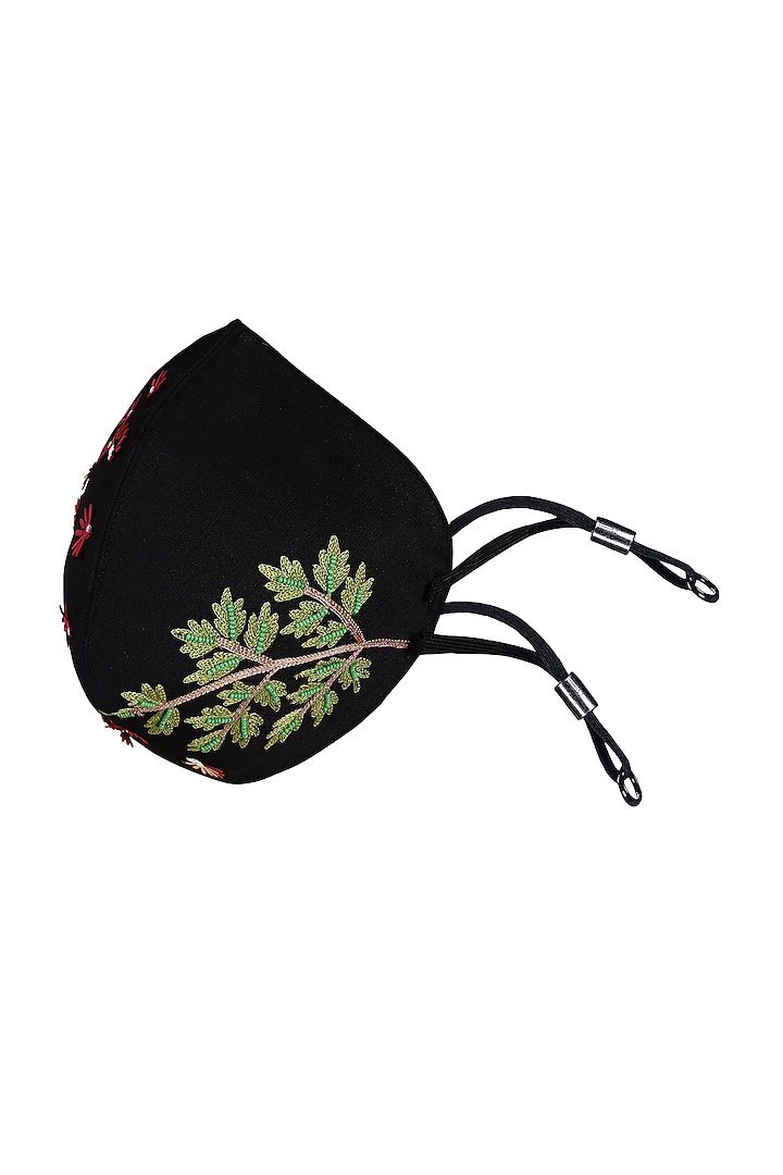 Black Embroidered Antimicrobial Mask With Zip Pouch by Limerick By Abirr N' Nanki at Pernia's Pop Up Shop