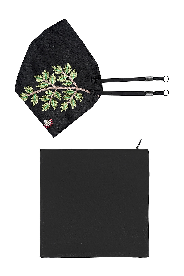 Black Embroidered Antimicrobial Mask With Zip Pouch by Limerick By Abirr N' Nanki at Pernia's Pop Up Shop