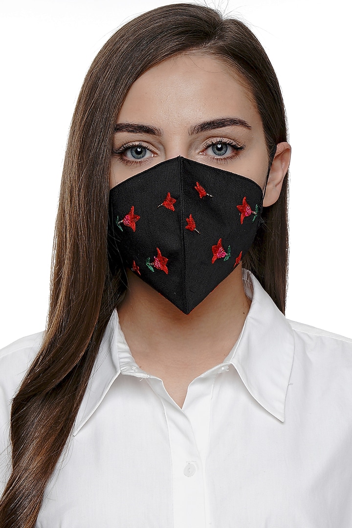 Black Embroidered Antimicrobial Mask With Pouch by Limerick By Abirr N' Nanki at Pernia's Pop Up Shop