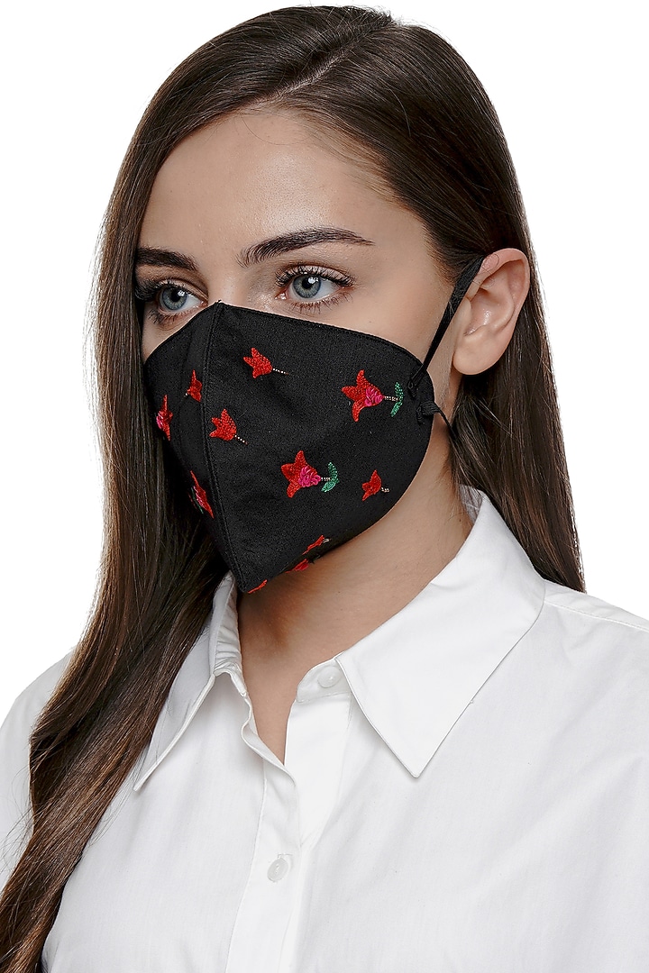 Black Embroidered Antimicrobial Mask With Pouch by Limerick By Abirr N' Nanki at Pernia's Pop Up Shop