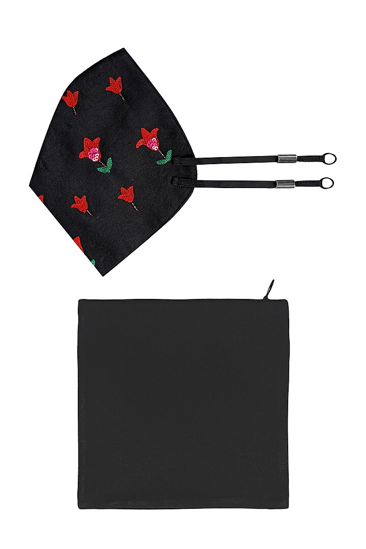 Black Embroidered Antimicrobial Mask With Pouch by Limerick By Abirr N' Nanki at Pernia's Pop Up Shop