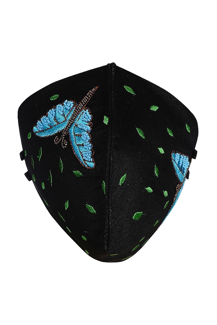 Black Dragonfly Embroidered Antimicrobial Mask With Pouch by Limerick By Abirr N' Nanki