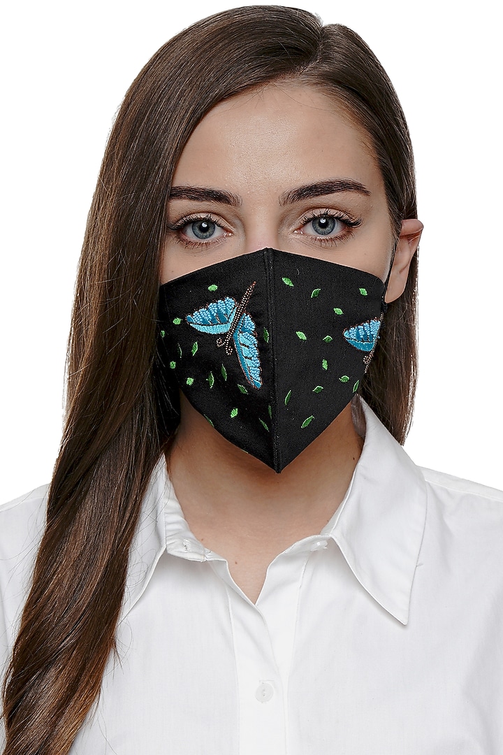 Black Dragonfly Embroidered Antimicrobial Mask With Pouch by Limerick By Abirr N' Nanki at Pernia's Pop Up Shop