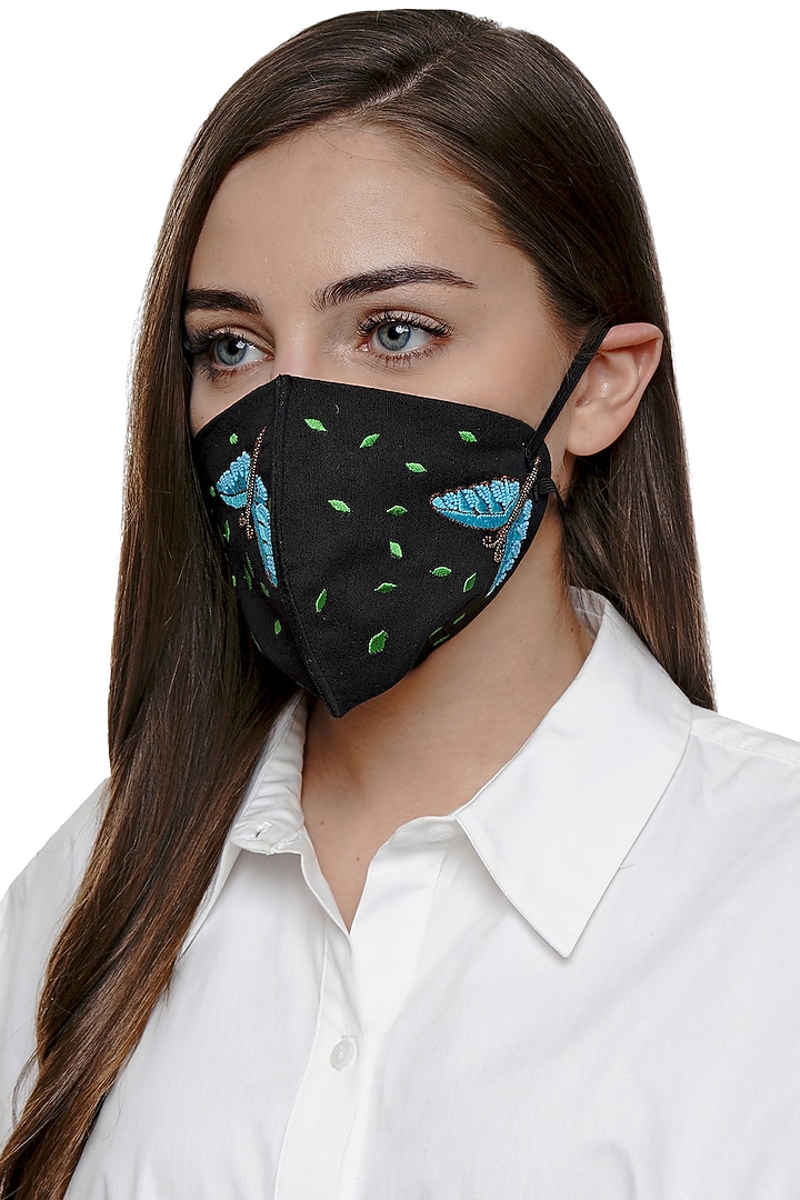 Black Dragonfly Embroidered Antimicrobial Mask With Pouch by Limerick By Abirr N' Nanki at Pernia's Pop Up Shop