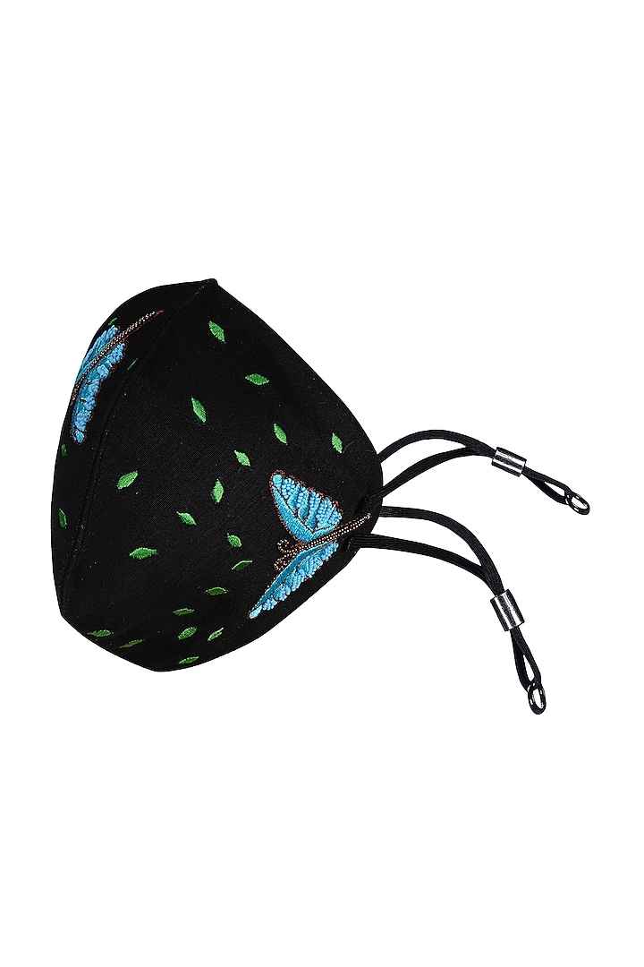 Black Dragonfly Embroidered Antimicrobial Mask With Pouch by Limerick By Abirr N' Nanki at Pernia's Pop Up Shop
