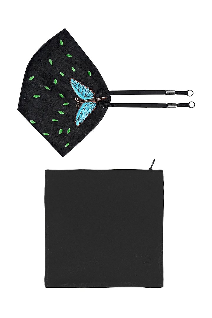 Black Dragonfly Embroidered Antimicrobial Mask With Pouch by Limerick By Abirr N' Nanki at Pernia's Pop Up Shop