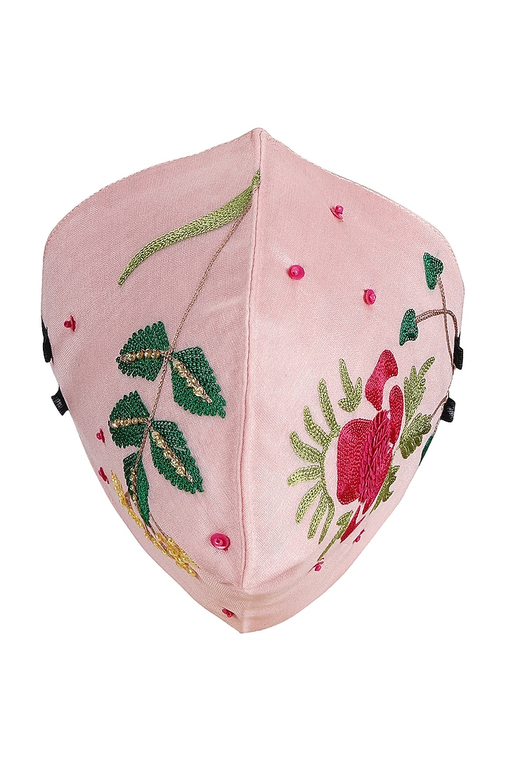 Blush Pink Embroidered Antimicrobial Mask With Zip Pouch by Limerick By Abirr N' Nanki