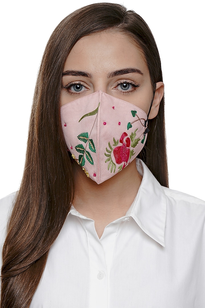 Blush Pink Embroidered Antimicrobial Mask With Zip Pouch by Limerick By Abirr N' Nanki at Pernia's Pop Up Shop