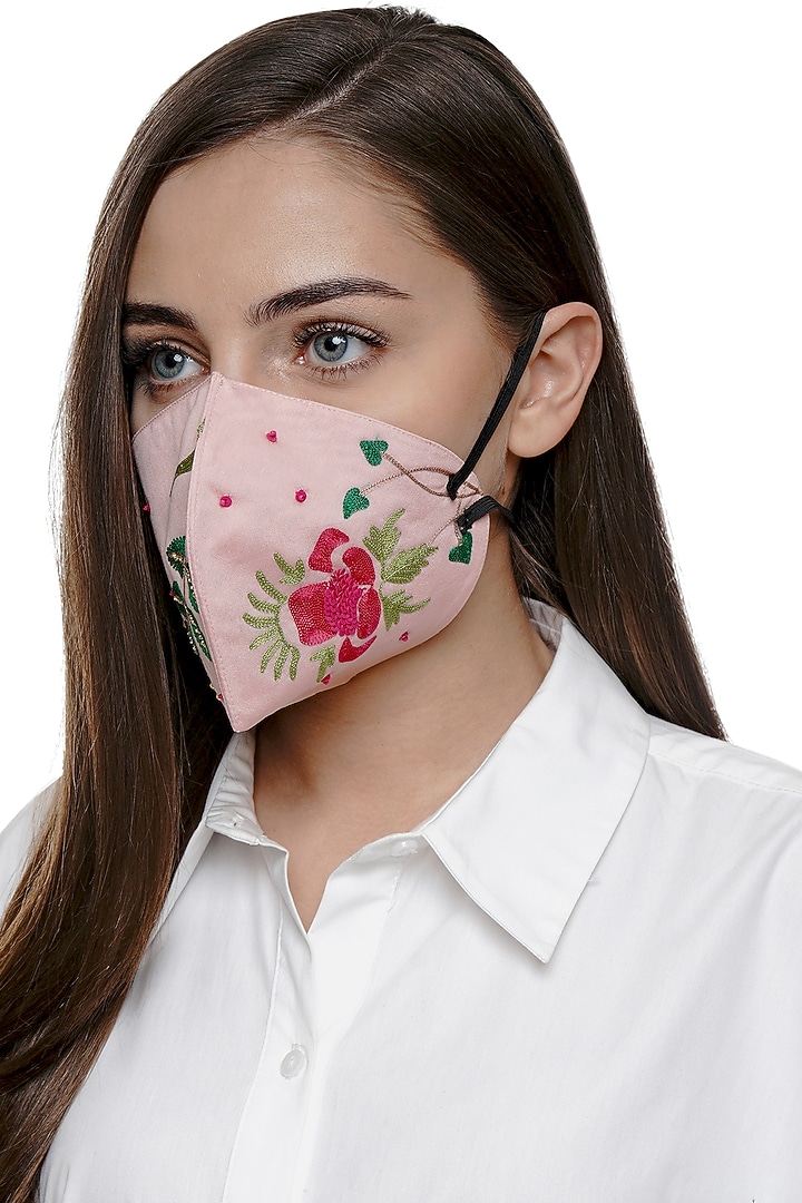 Blush Pink Embroidered Antimicrobial Mask With Zip Pouch by Limerick By Abirr N' Nanki at Pernia's Pop Up Shop