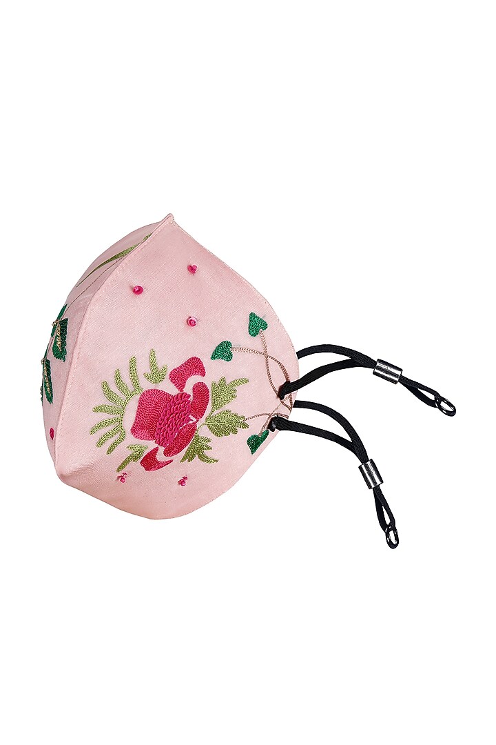 Blush Pink Embroidered Antimicrobial Mask With Zip Pouch by Limerick By Abirr N' Nanki at Pernia's Pop Up Shop
