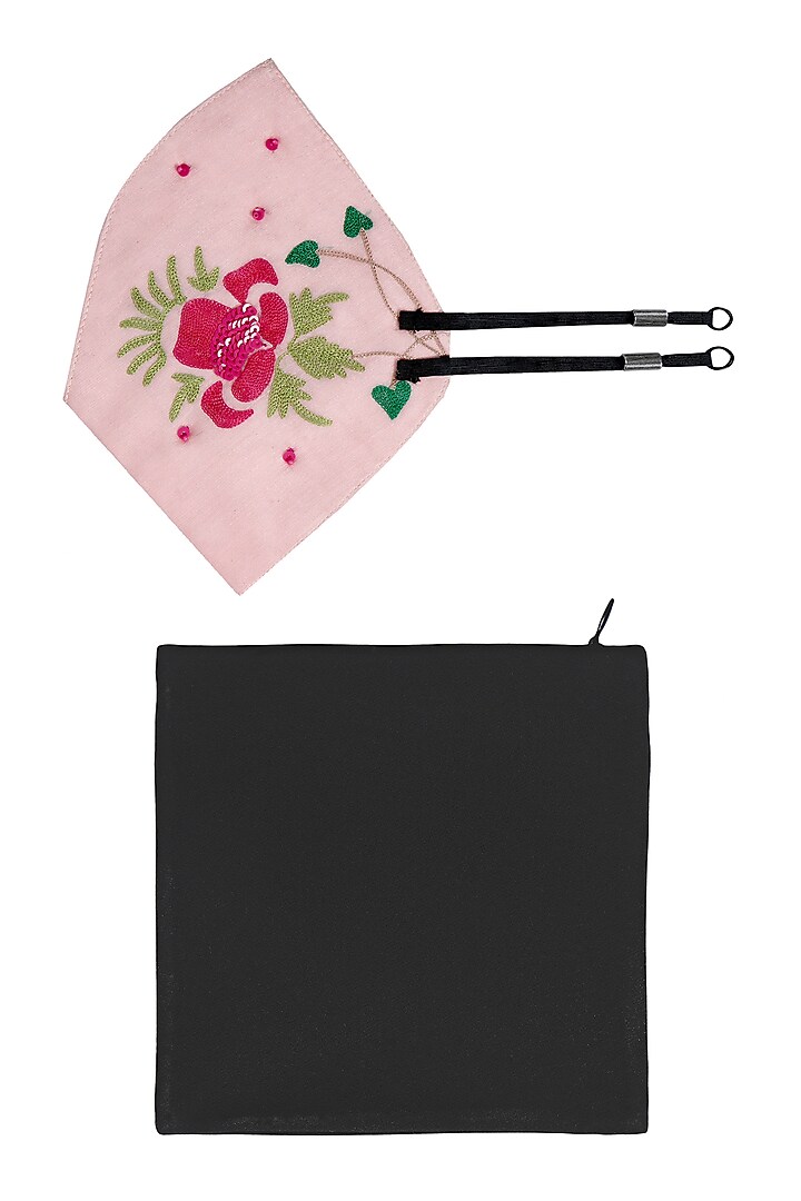 Blush Pink Embroidered Antimicrobial Mask With Zip Pouch by Limerick By Abirr N' Nanki at Pernia's Pop Up Shop