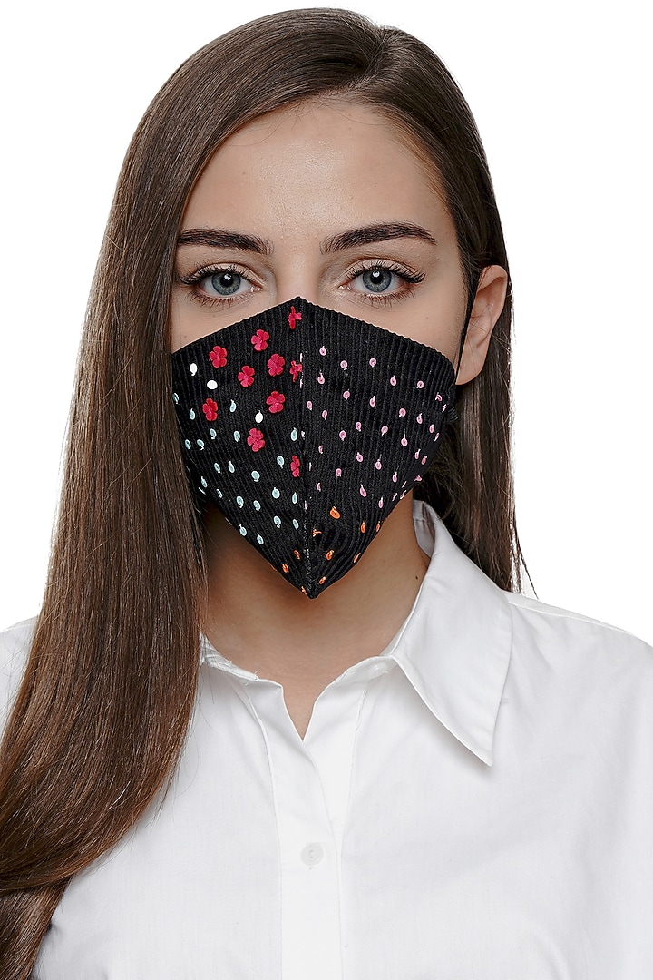 Black Embroidered Antimicrobial Mask by Limerick By Abirr N' Nanki at Pernia's Pop Up Shop