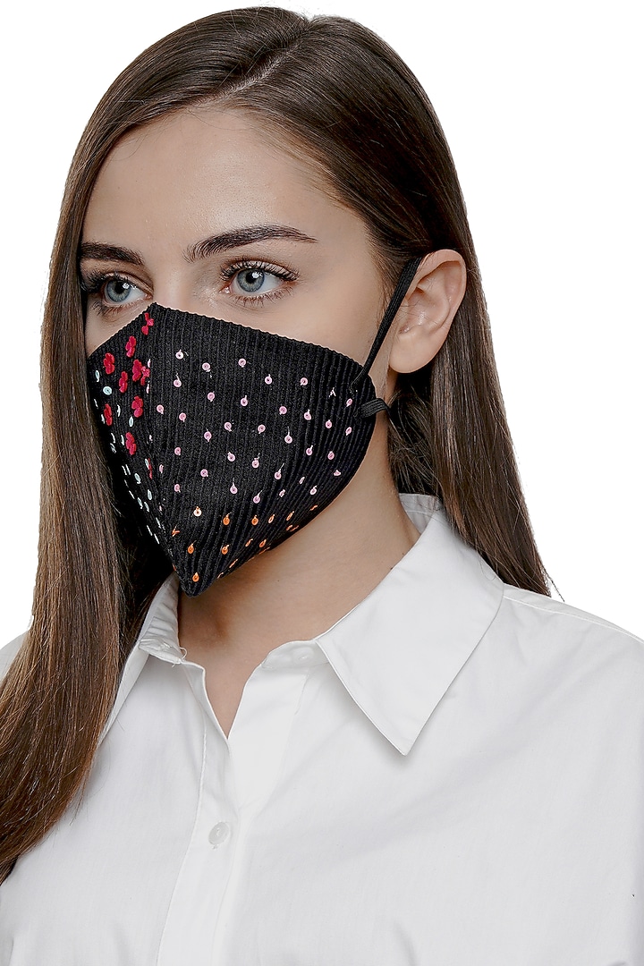 Black Embroidered Antimicrobial Mask by Limerick By Abirr N' Nanki at Pernia's Pop Up Shop