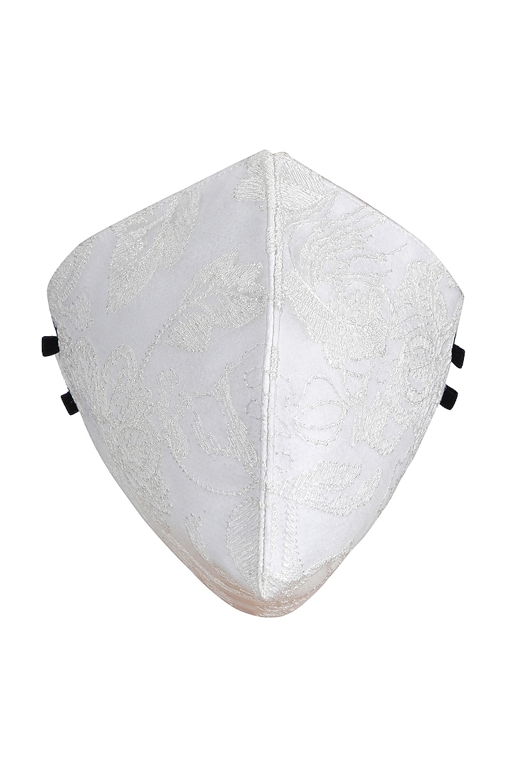 Ivory Embroidered Antimicrobial Mask With Zip Pouch by Limerick By Abirr N' Nanki at Pernia's Pop Up Shop