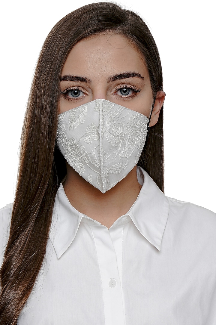 Ivory Embroidered Antimicrobial Mask With Zip Pouch by Limerick By Abirr N' Nanki at Pernia's Pop Up Shop