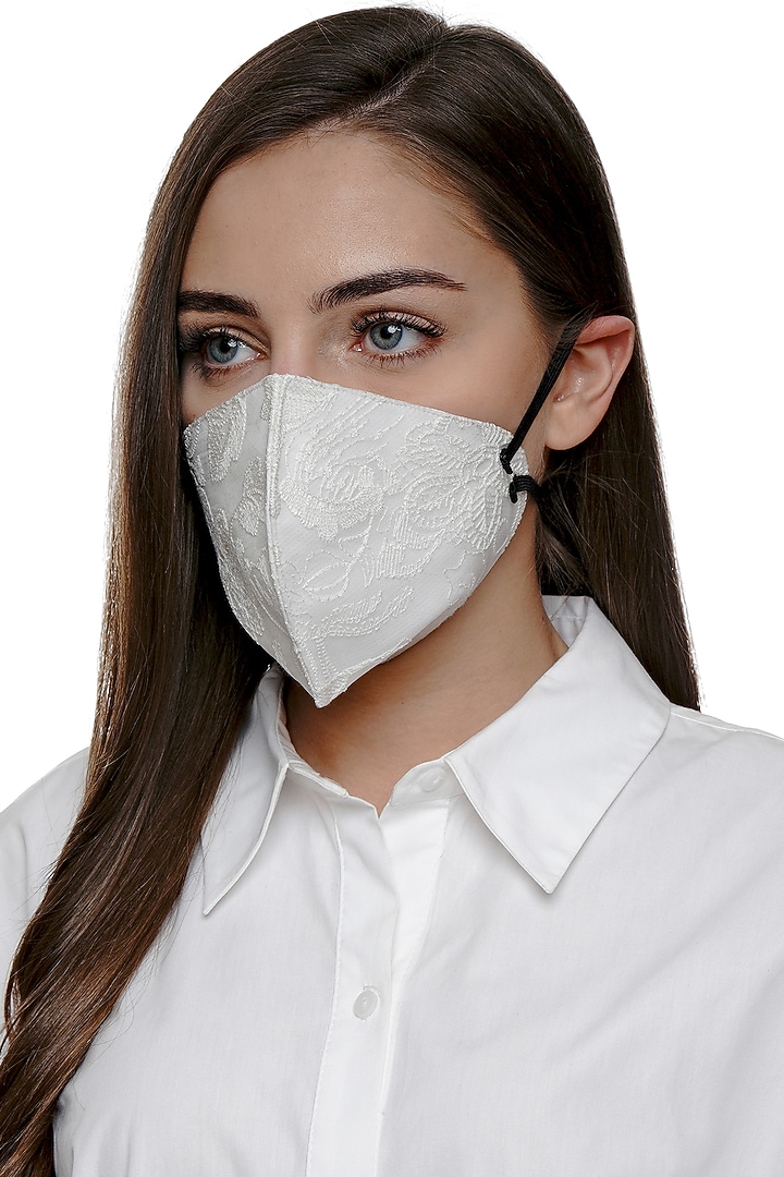Ivory Embroidered Antimicrobial Mask With Zip Pouch by Limerick By Abirr N' Nanki at Pernia's Pop Up Shop