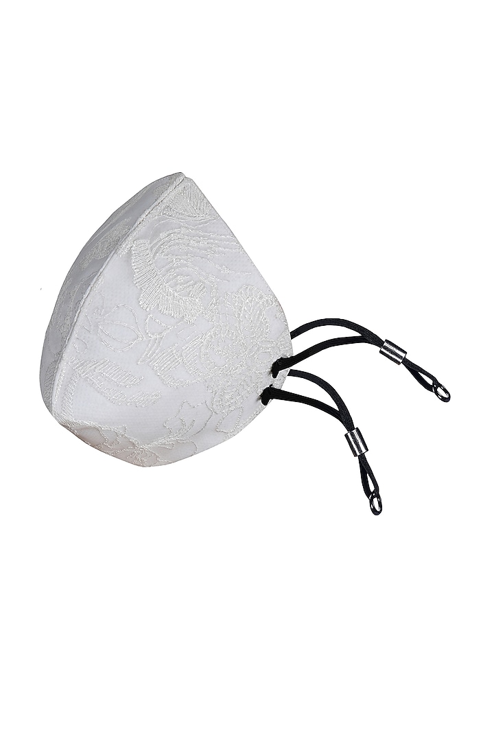 Ivory Embroidered Antimicrobial Mask With Zip Pouch by Limerick By Abirr N' Nanki at Pernia's Pop Up Shop