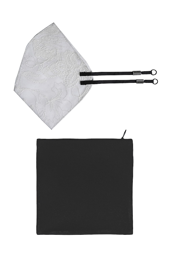 Ivory Embroidered Antimicrobial Mask With Zip Pouch by Limerick By Abirr N' Nanki at Pernia's Pop Up Shop