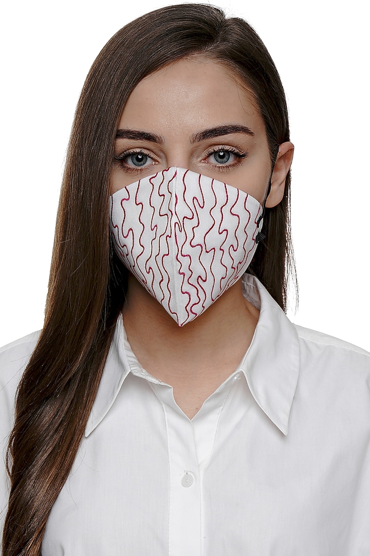 Ivory Embroidered Antimicrobial Mask With Pouch by Limerick By Abirr N' Nanki at Pernia's Pop Up Shop