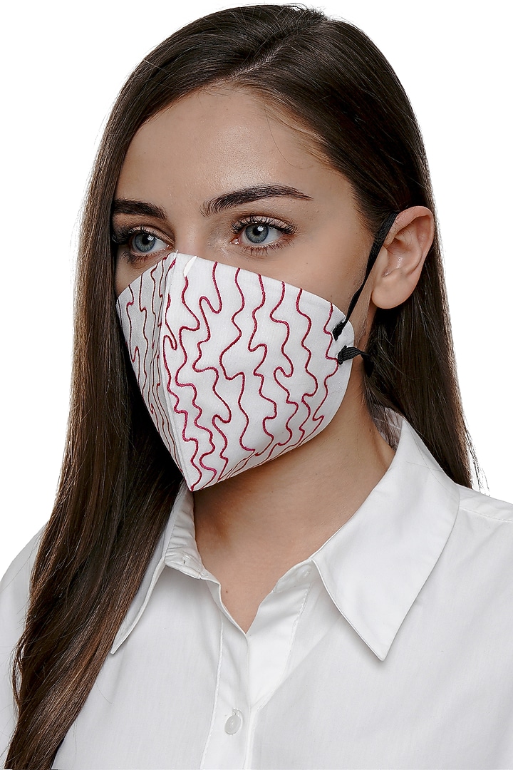 Ivory Embroidered Antimicrobial Mask With Pouch by Limerick By Abirr N' Nanki at Pernia's Pop Up Shop