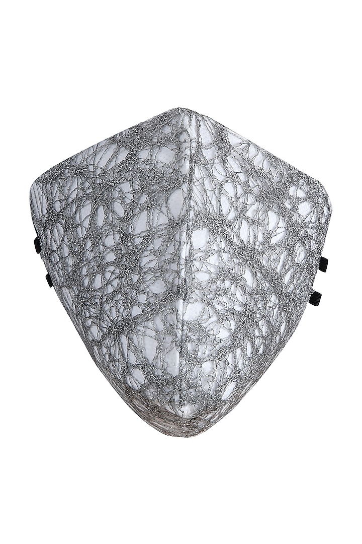 Silver Embroidered Antimicrobial Mask With Zip Pouch by Limerick By Abirr N' Nanki