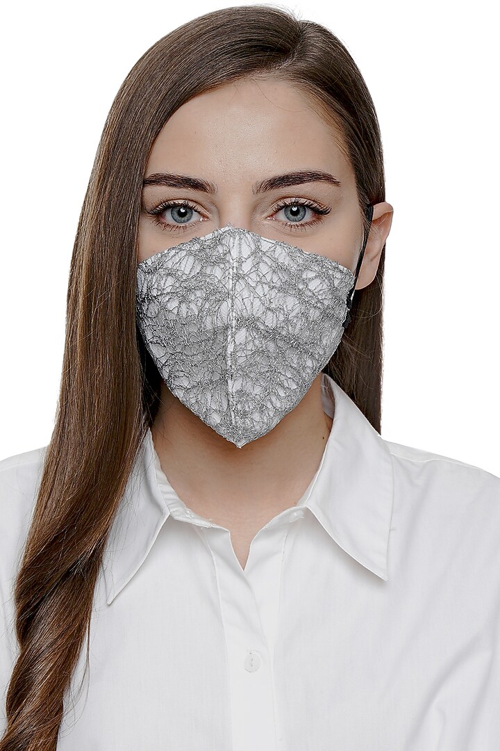Silver Embroidered Antimicrobial Mask With Zip Pouch by Limerick By Abirr N' Nanki at Pernia's Pop Up Shop