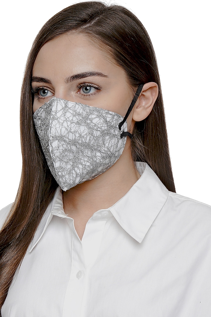 Silver Embroidered Antimicrobial Mask With Zip Pouch by Limerick By Abirr N' Nanki at Pernia's Pop Up Shop