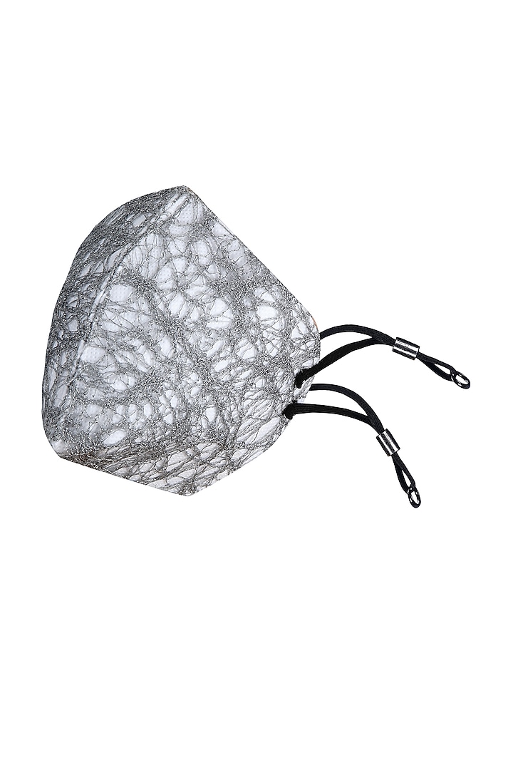 Silver Embroidered Antimicrobial Mask With Zip Pouch by Limerick By Abirr N' Nanki at Pernia's Pop Up Shop