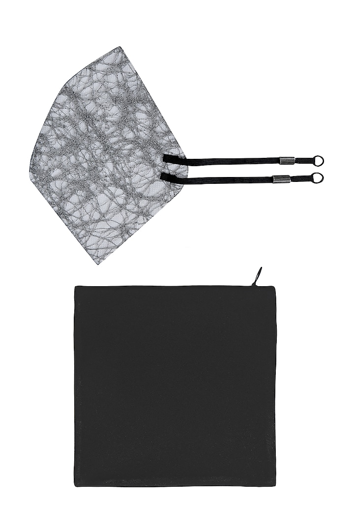 Silver Embroidered Antimicrobial Mask With Zip Pouch by Limerick By Abirr N' Nanki at Pernia's Pop Up Shop