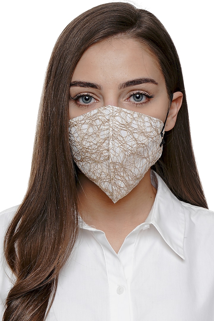 Golden Embroidered Antimicrobial Mask With Zip Pouch by Limerick By Abirr N' Nanki at Pernia's Pop Up Shop