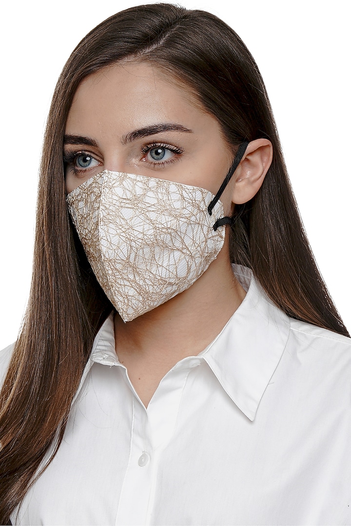 Golden Embroidered Antimicrobial Mask With Zip Pouch by Limerick By Abirr N' Nanki at Pernia's Pop Up Shop