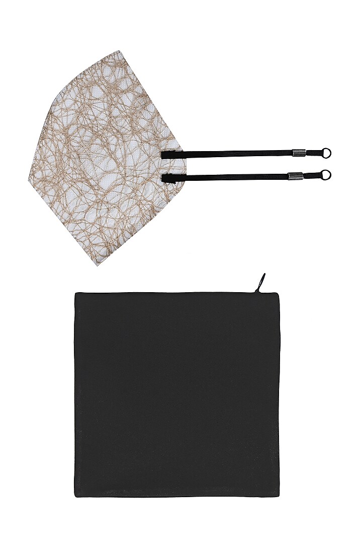 Golden Embroidered Antimicrobial Mask With Zip Pouch by Limerick By Abirr N' Nanki at Pernia's Pop Up Shop