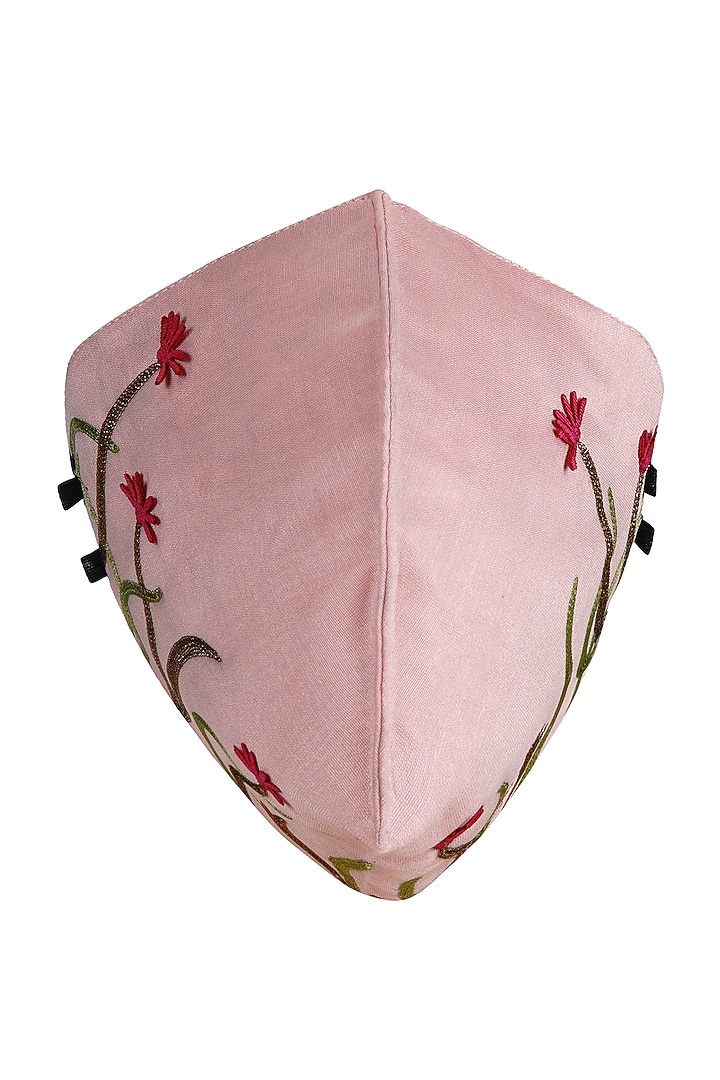 Blush Pink Embroidered Antimicrobial Mask With Pouch by Limerick By Abirr N' Nanki at Pernia's Pop Up Shop